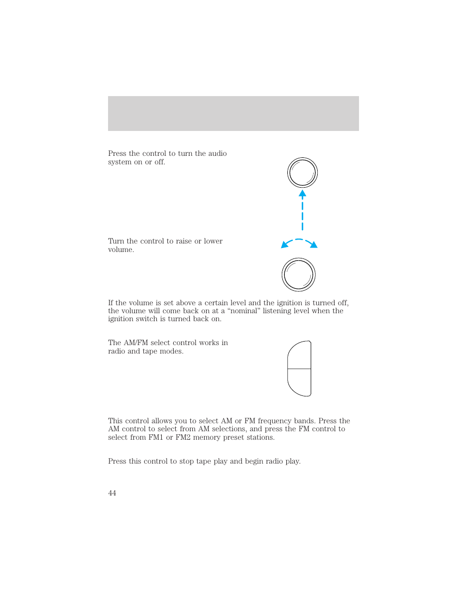 Am fm, Controls and features | FORD 2001 Crown Victoria User Manual | Page 44 / 248