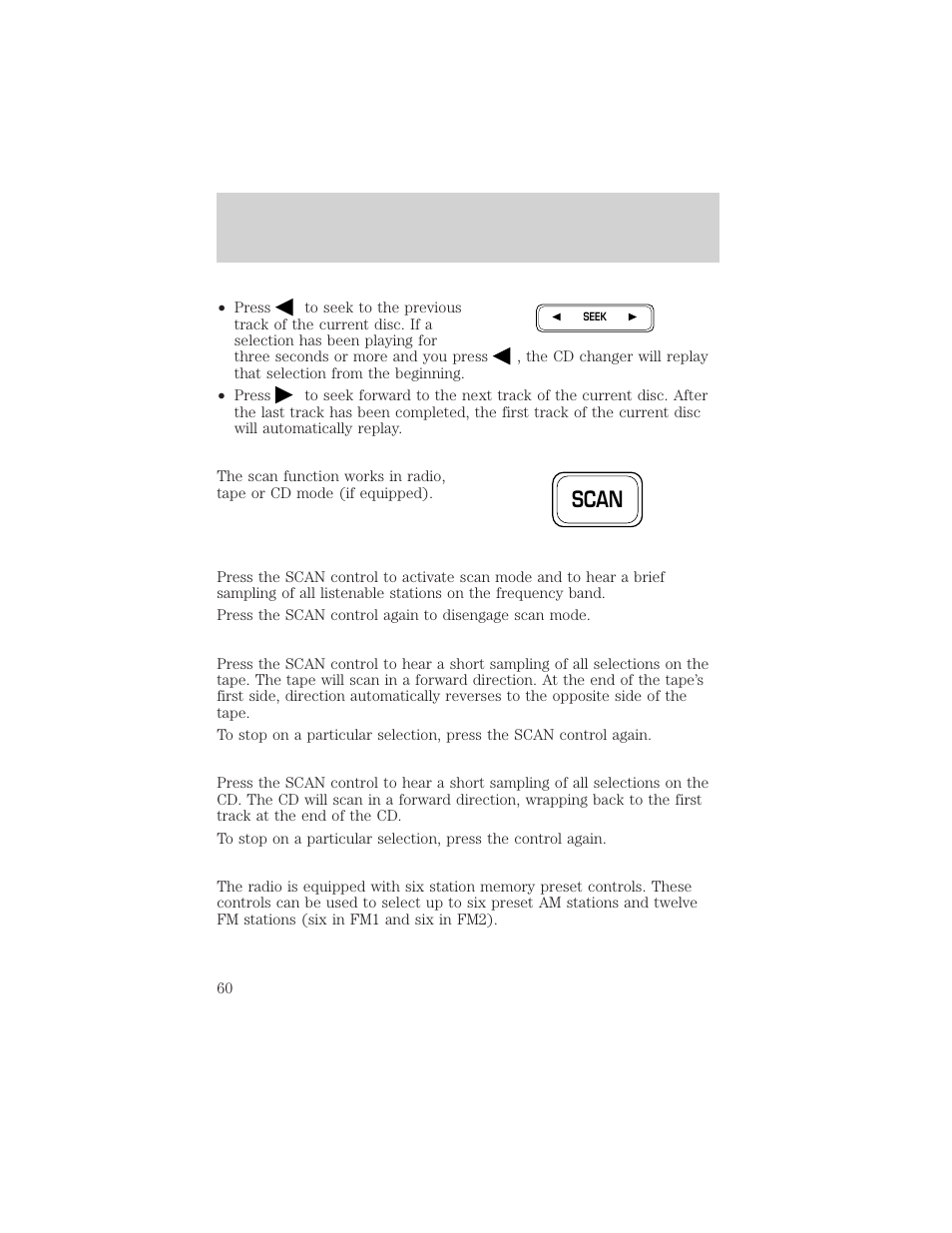 Scan, Controls and features | FORD 2001 Crown Victoria User Manual | Page 60 / 248