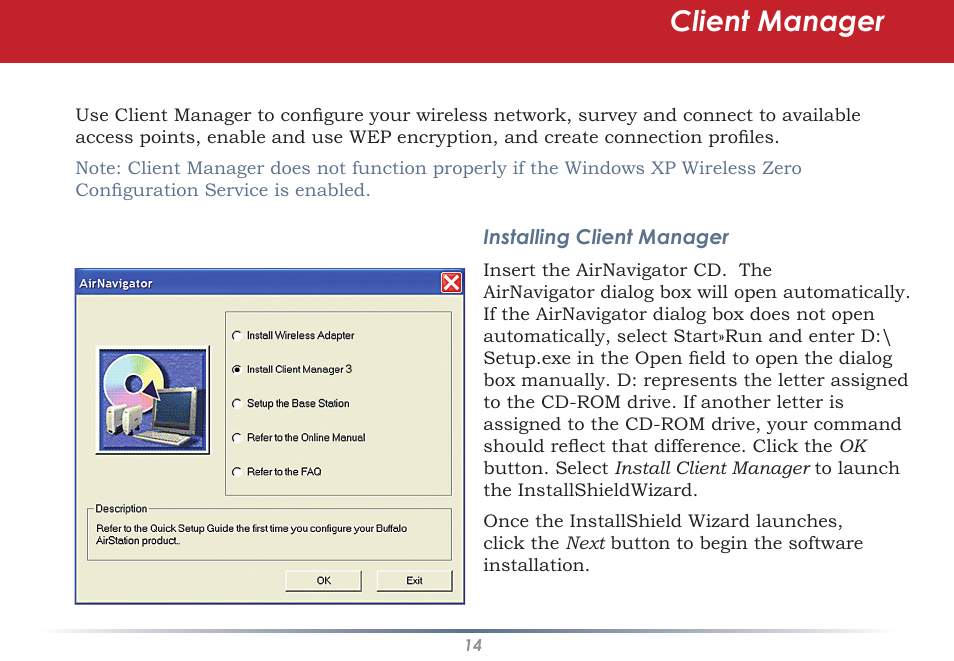 Client manager | Buffalo Technology AirStation WLI-U2-AG108HP User Manual | Page 14 / 53