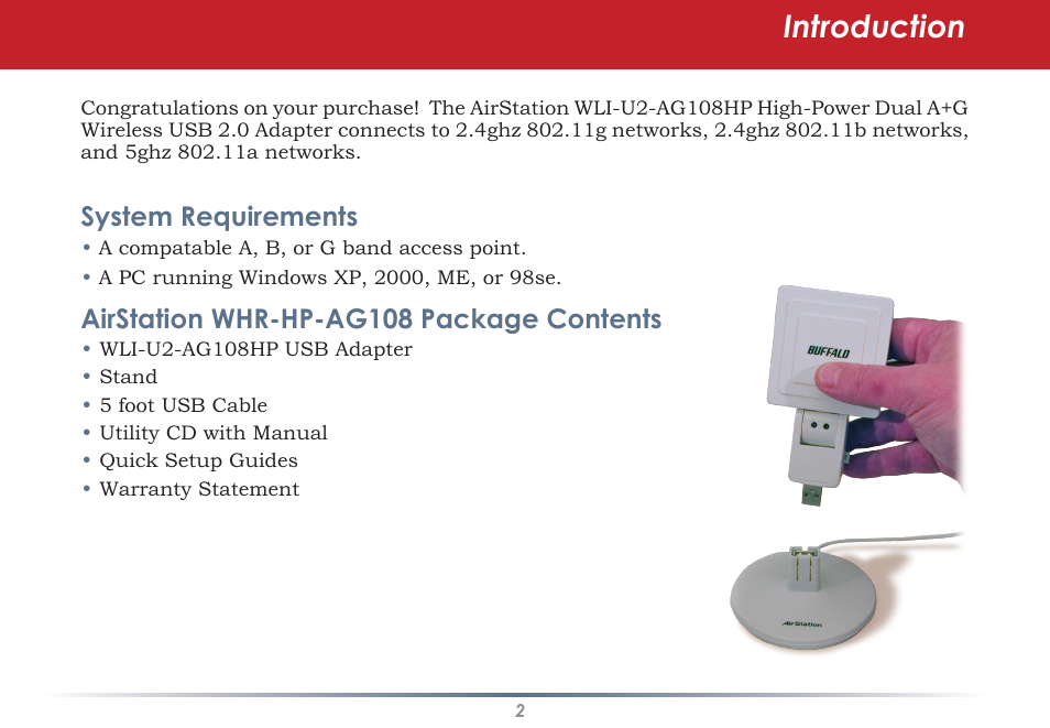 Introduction, System requirements, Airstation whr-hp-ag108 package contents | Buffalo Technology AirStation WLI-U2-AG108HP User Manual | Page 2 / 53