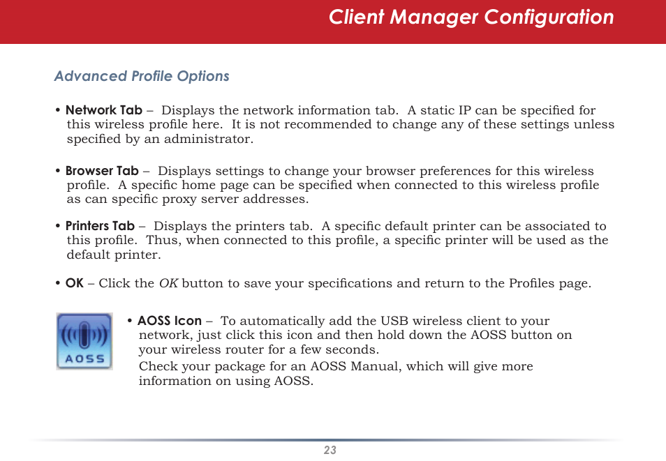 Client manager configuration | Buffalo Technology AirStation WLI-U2-AG108HP User Manual | Page 23 / 53