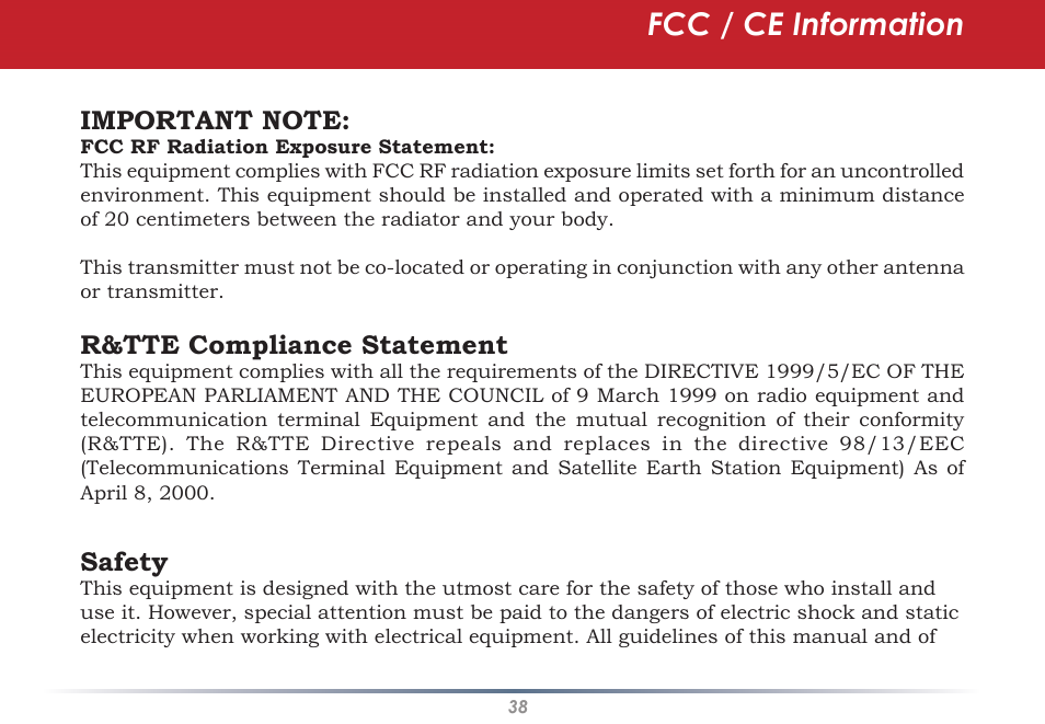 Fcc / ce information, R&tte compliance statement, Safety | Buffalo Technology AirStation WLI-U2-AG108HP User Manual | Page 38 / 53