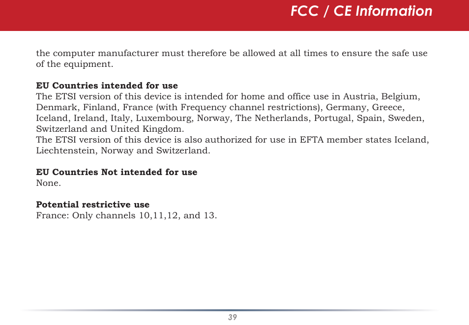 Fcc / ce information | Buffalo Technology AirStation WLI-U2-AG108HP User Manual | Page 39 / 53