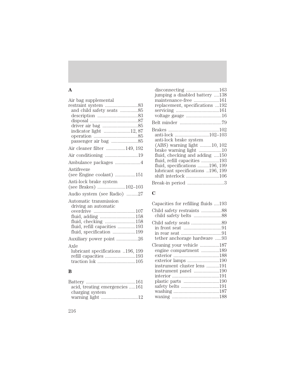 Index | FORD 2001 E-450 User Manual | Page 216 / 224