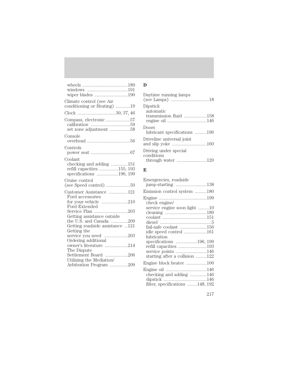 Index | FORD 2001 E-450 User Manual | Page 217 / 224