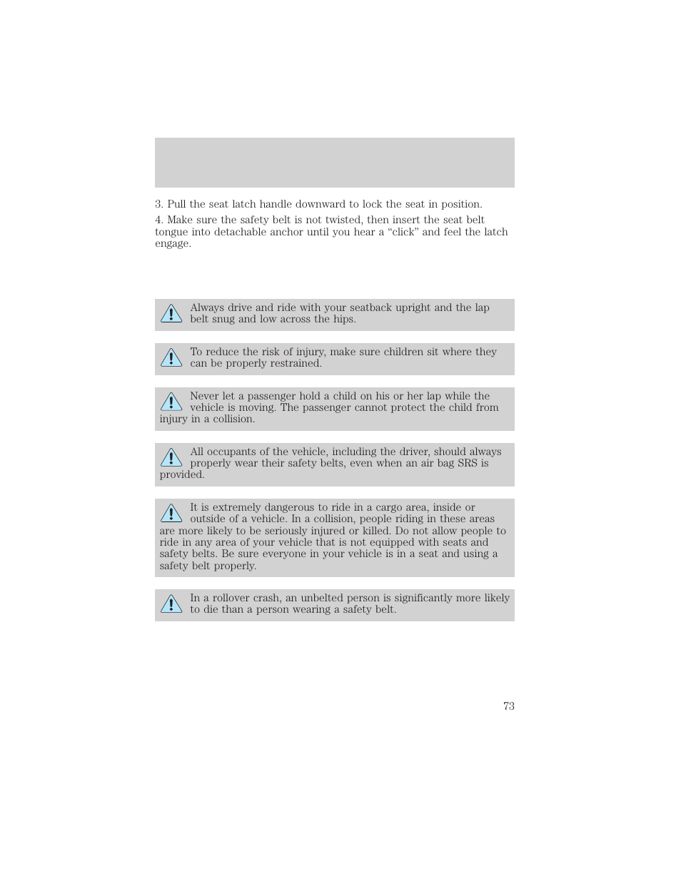 Seating and safety restraints | FORD 2001 E-450 User Manual | Page 73 / 224