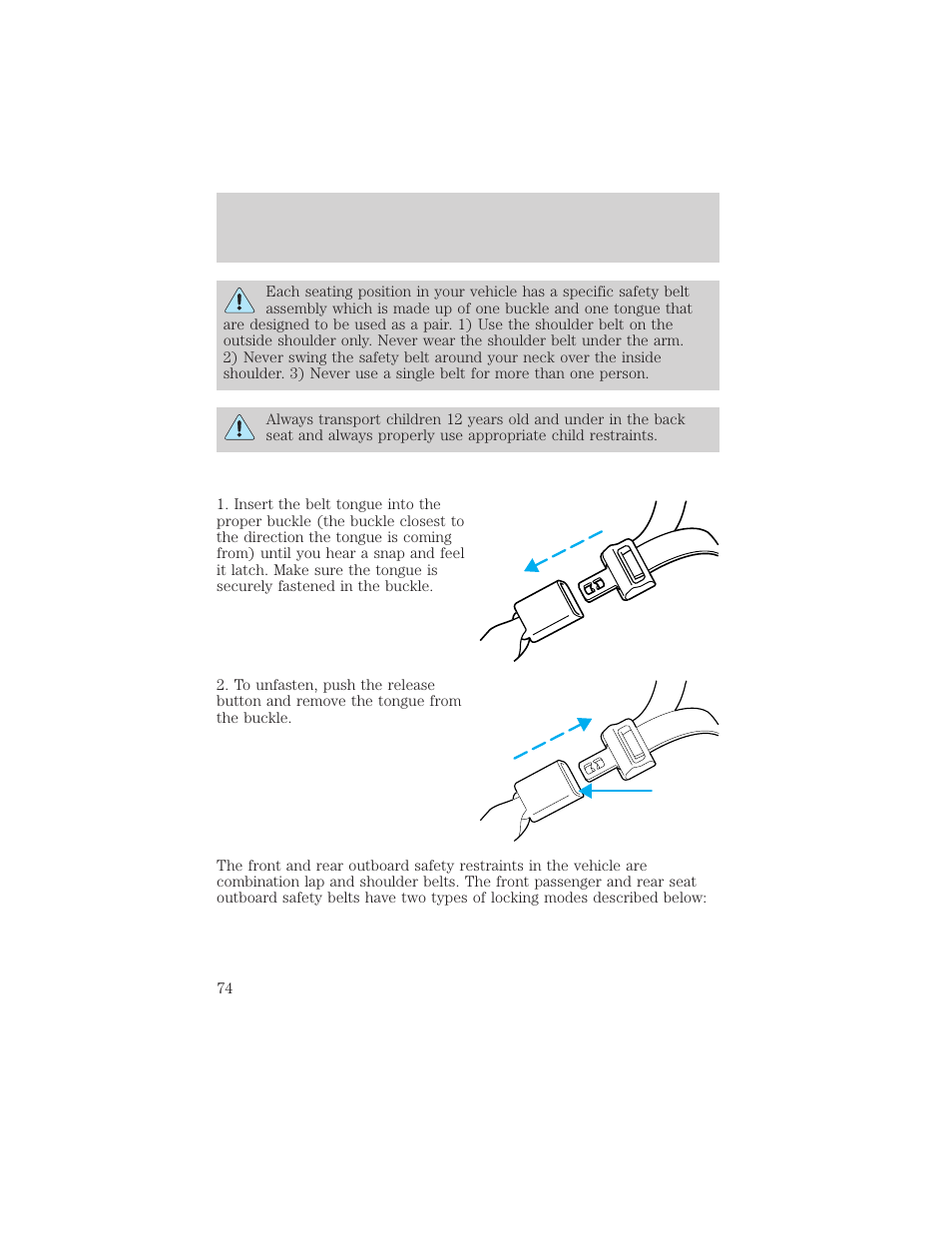 Seating and safety restraints | FORD 2001 E-450 User Manual | Page 74 / 224