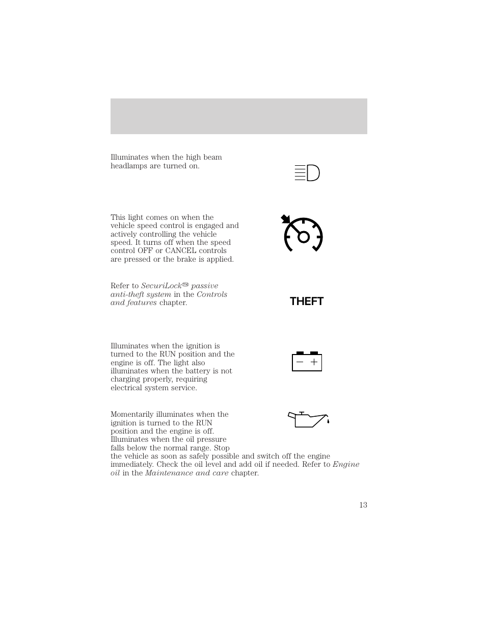 Theft, Instrumentation | FORD 2001 Escape User Manual | Page 13 / 280