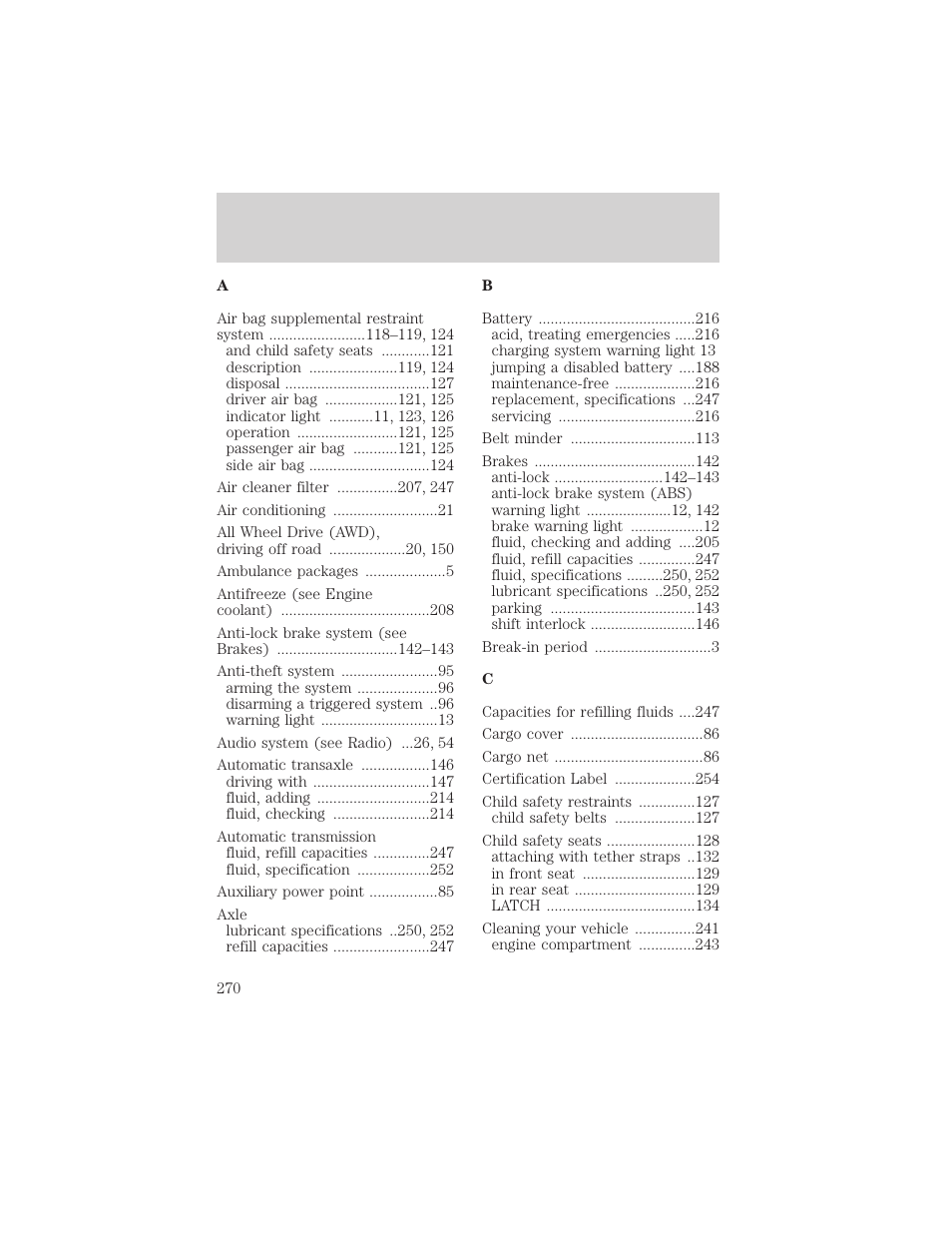 Index | FORD 2001 Escape User Manual | Page 270 / 280