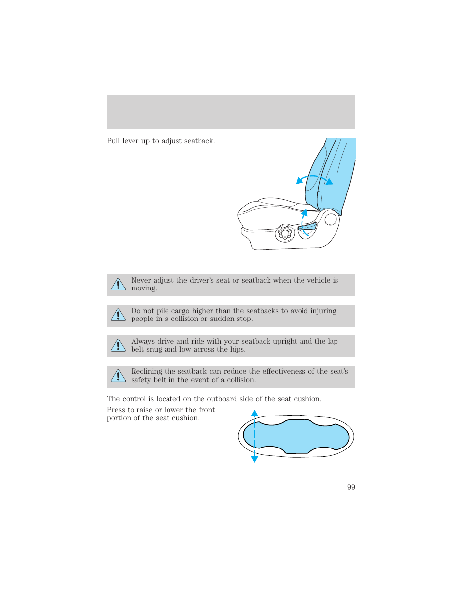 Seating and safety restraints | FORD 2001 Escape User Manual | Page 99 / 280