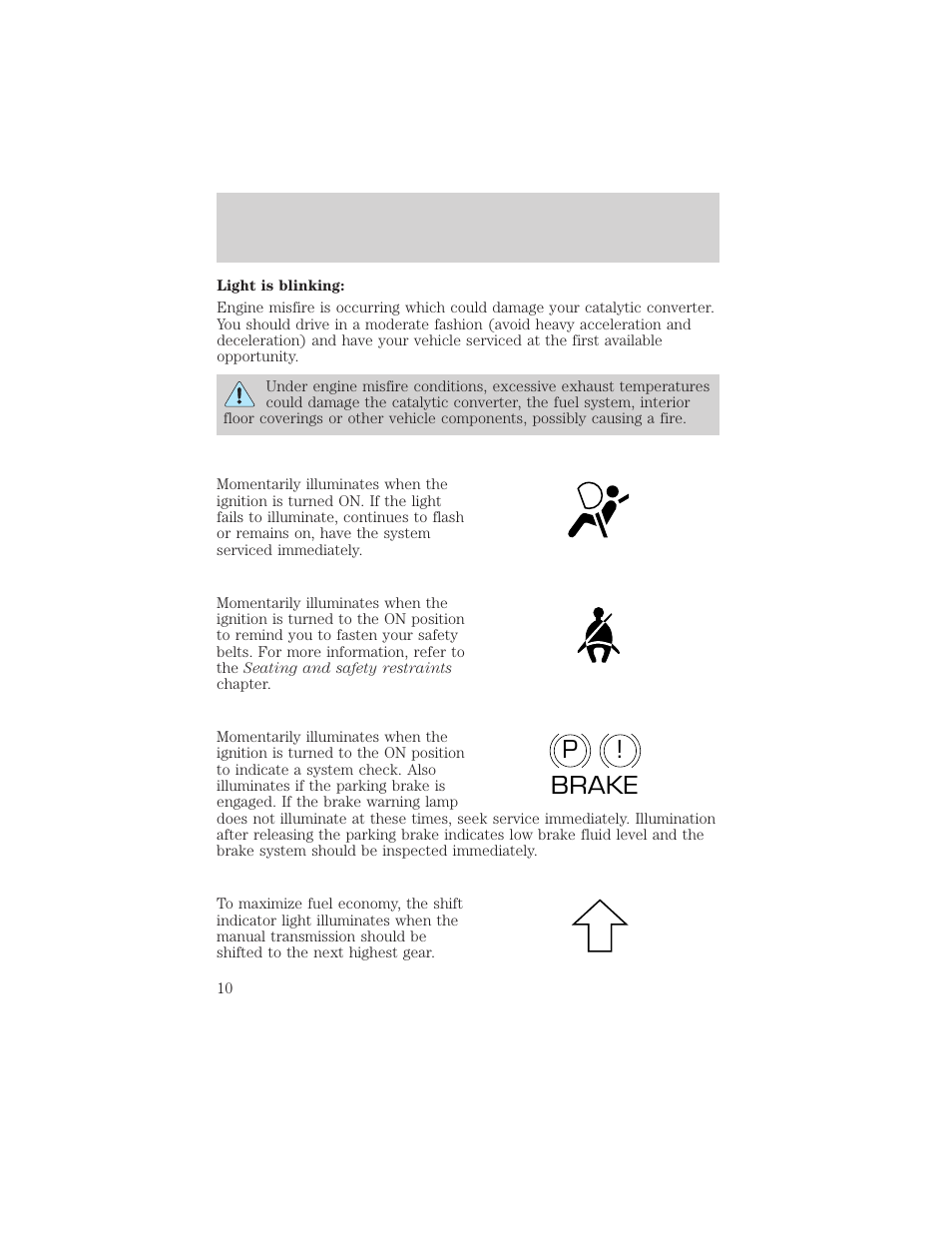 P! brake | FORD 2001 Escort User Manual | Page 10 / 216