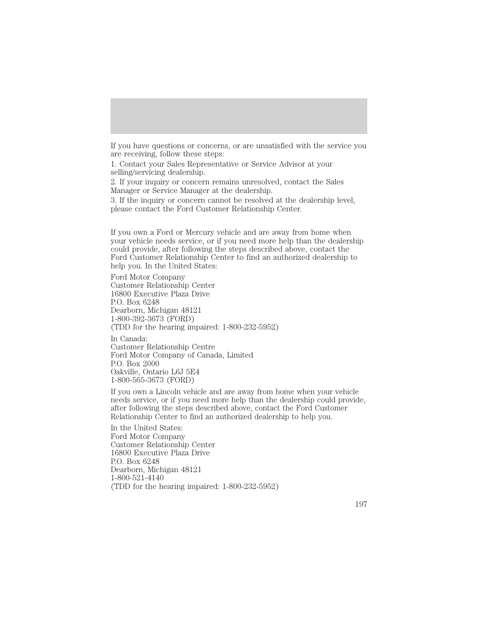 Customer assistance | FORD 2001 Escort User Manual | Page 197 / 216