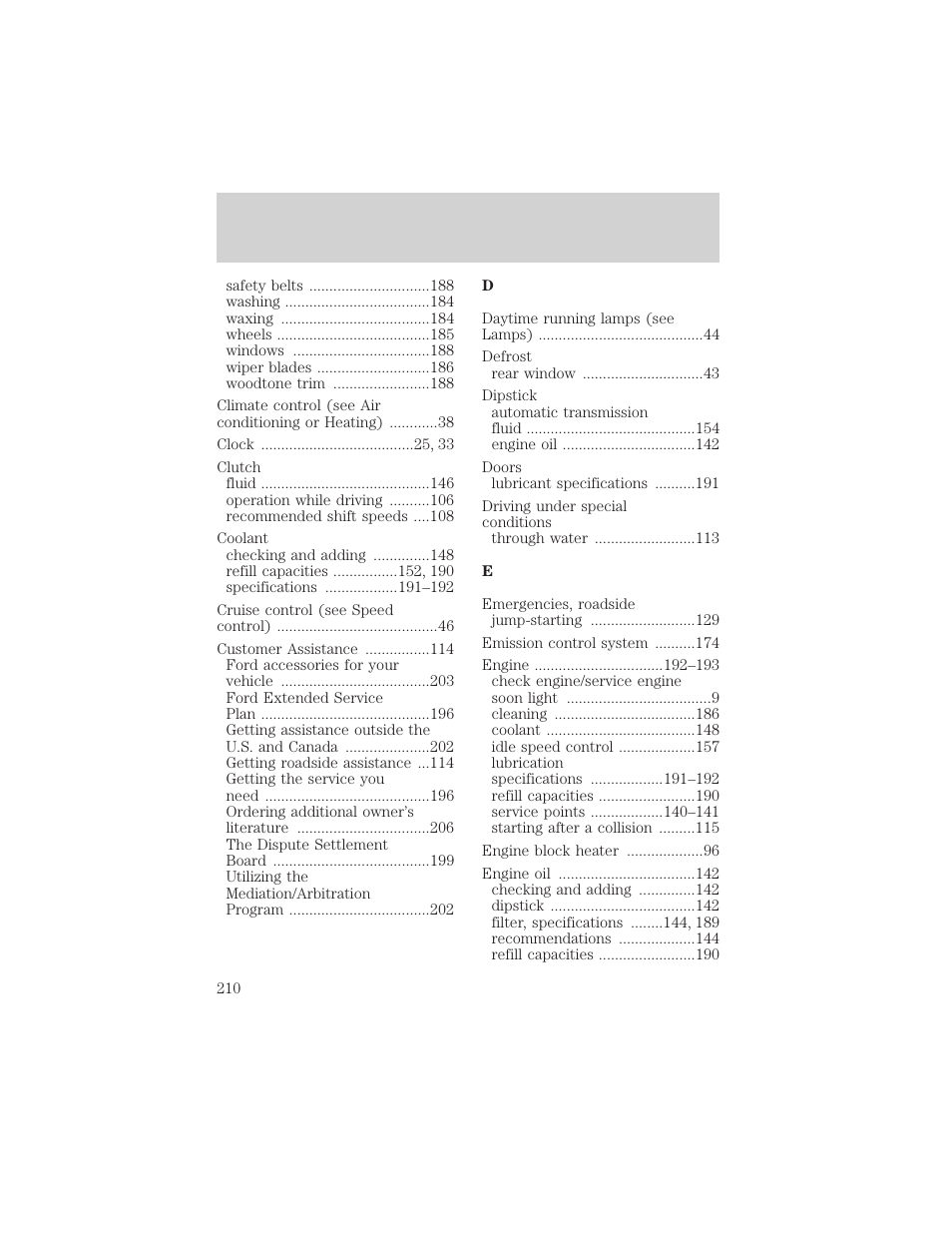 Index | FORD 2001 Escort User Manual | Page 210 / 216