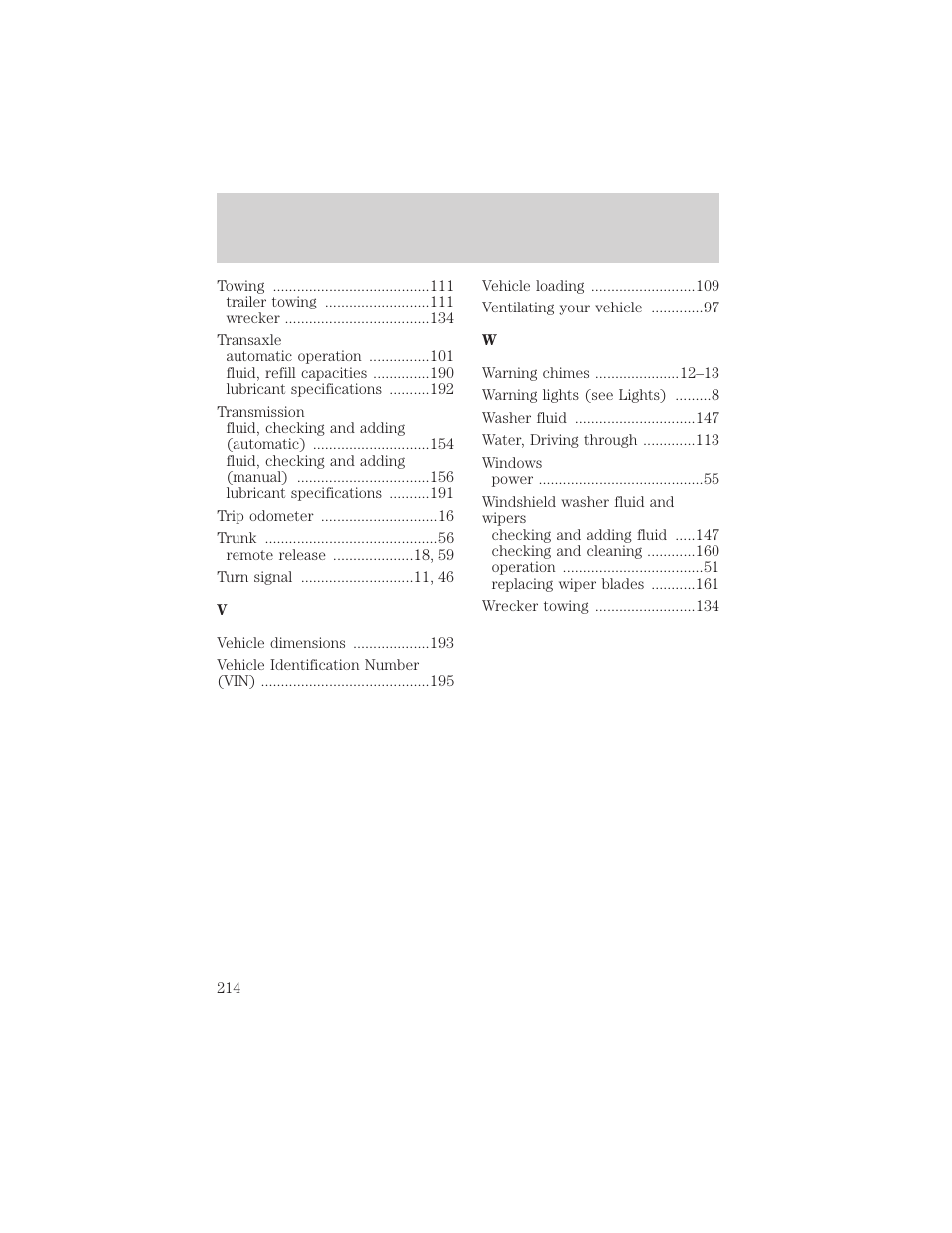 Index | FORD 2001 Escort User Manual | Page 214 / 216