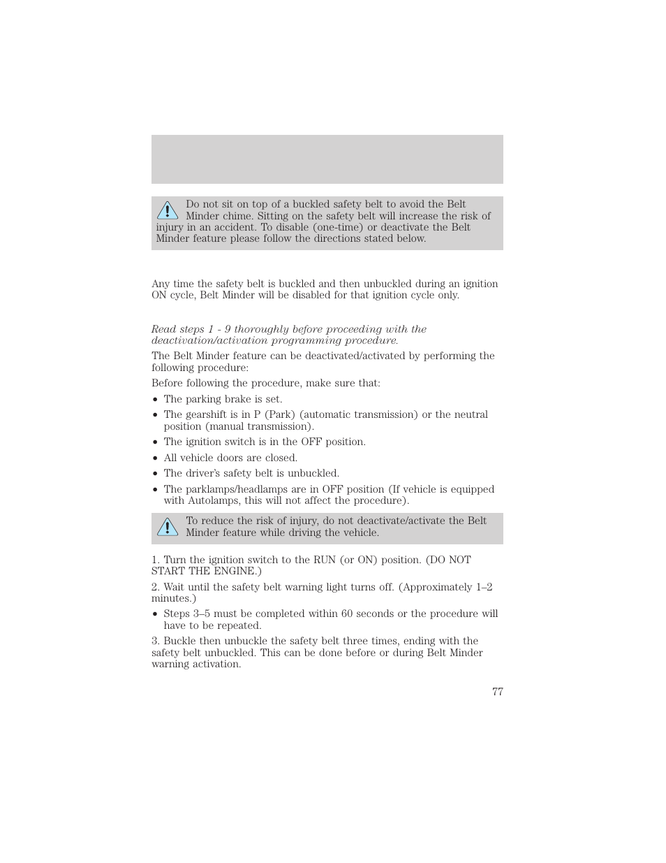 Seating and safety restraints | FORD 2001 Escort User Manual | Page 77 / 216