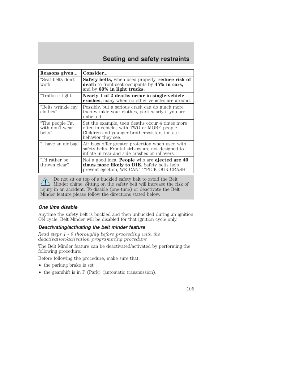 Seating and safety restraints | FORD 2001 Excursion v.2 User Manual | Page 105 / 248