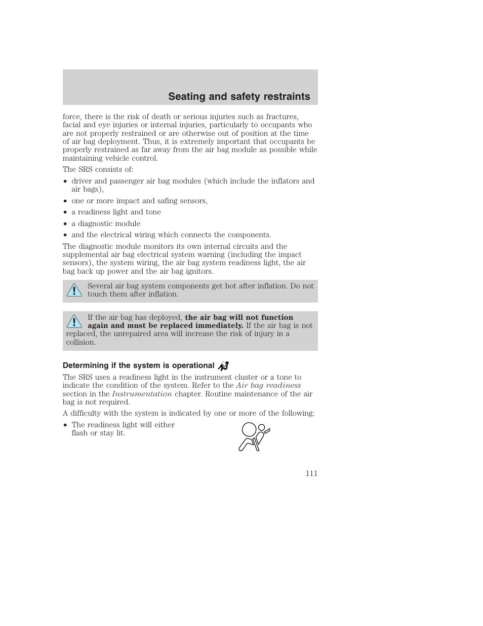 Seating and safety restraints | FORD 2001 Excursion v.2 User Manual | Page 111 / 248