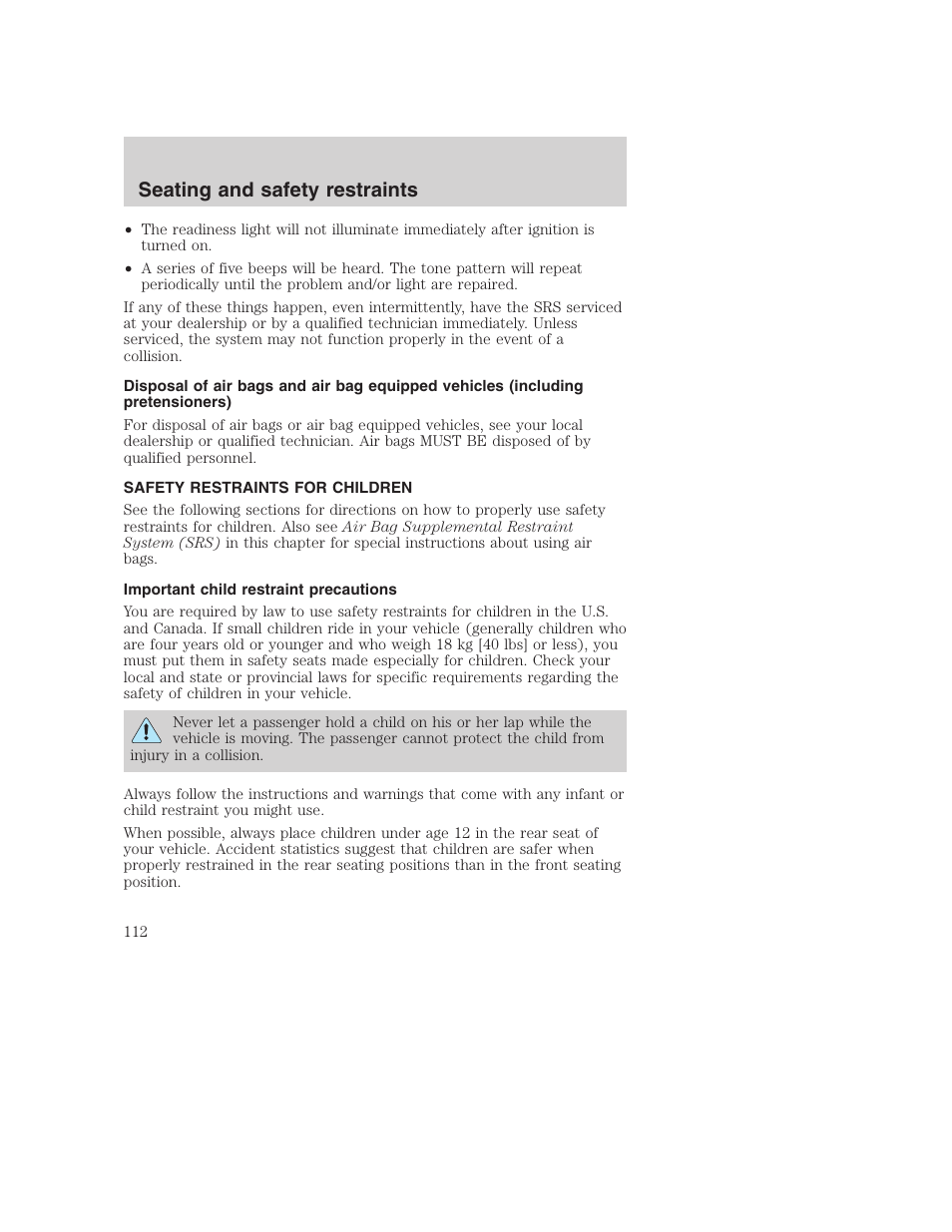 Seating and safety restraints | FORD 2001 Excursion v.2 User Manual | Page 112 / 248