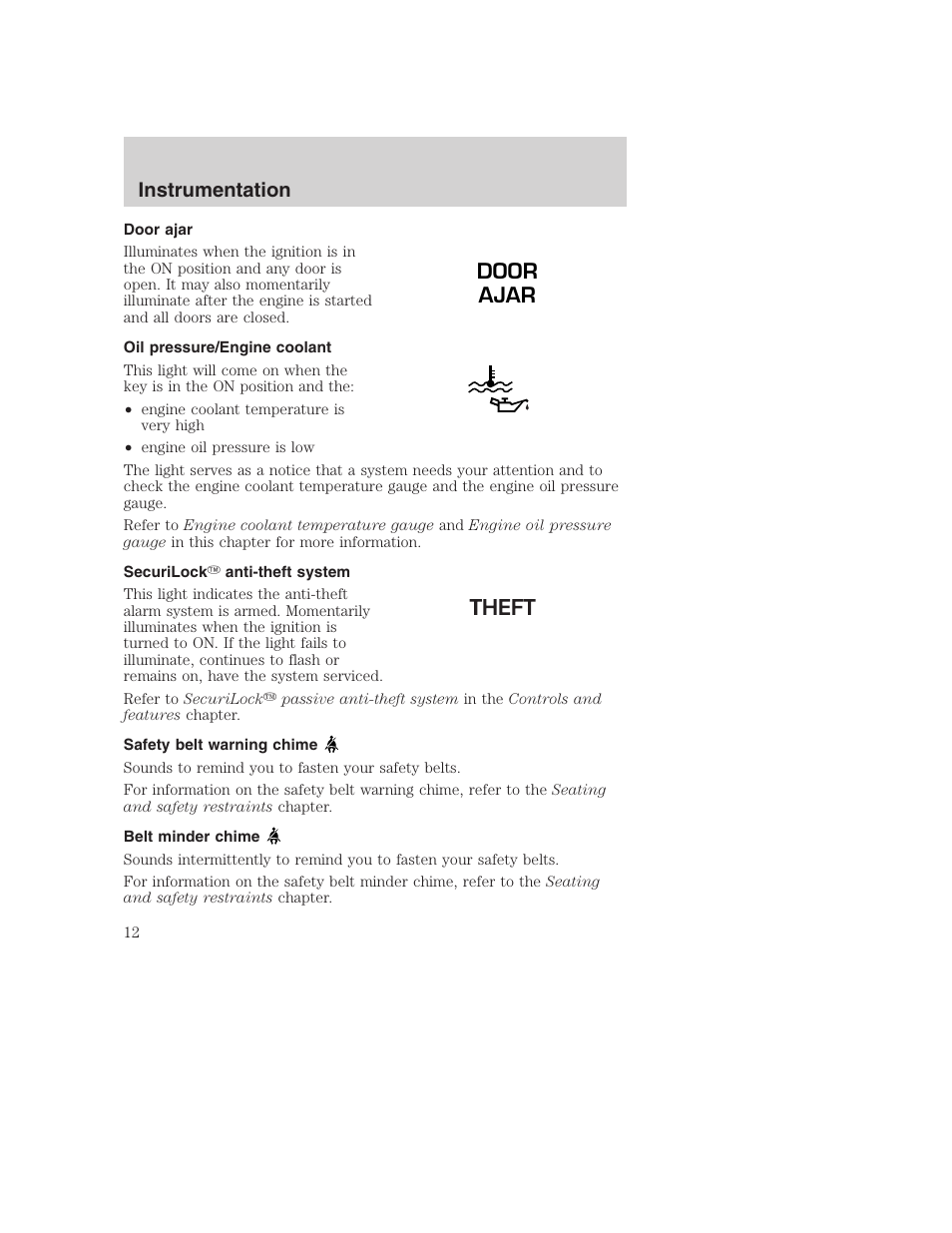 Door ajar, Instrumentation | FORD 2001 Excursion v.2 User Manual | Page 12 / 248