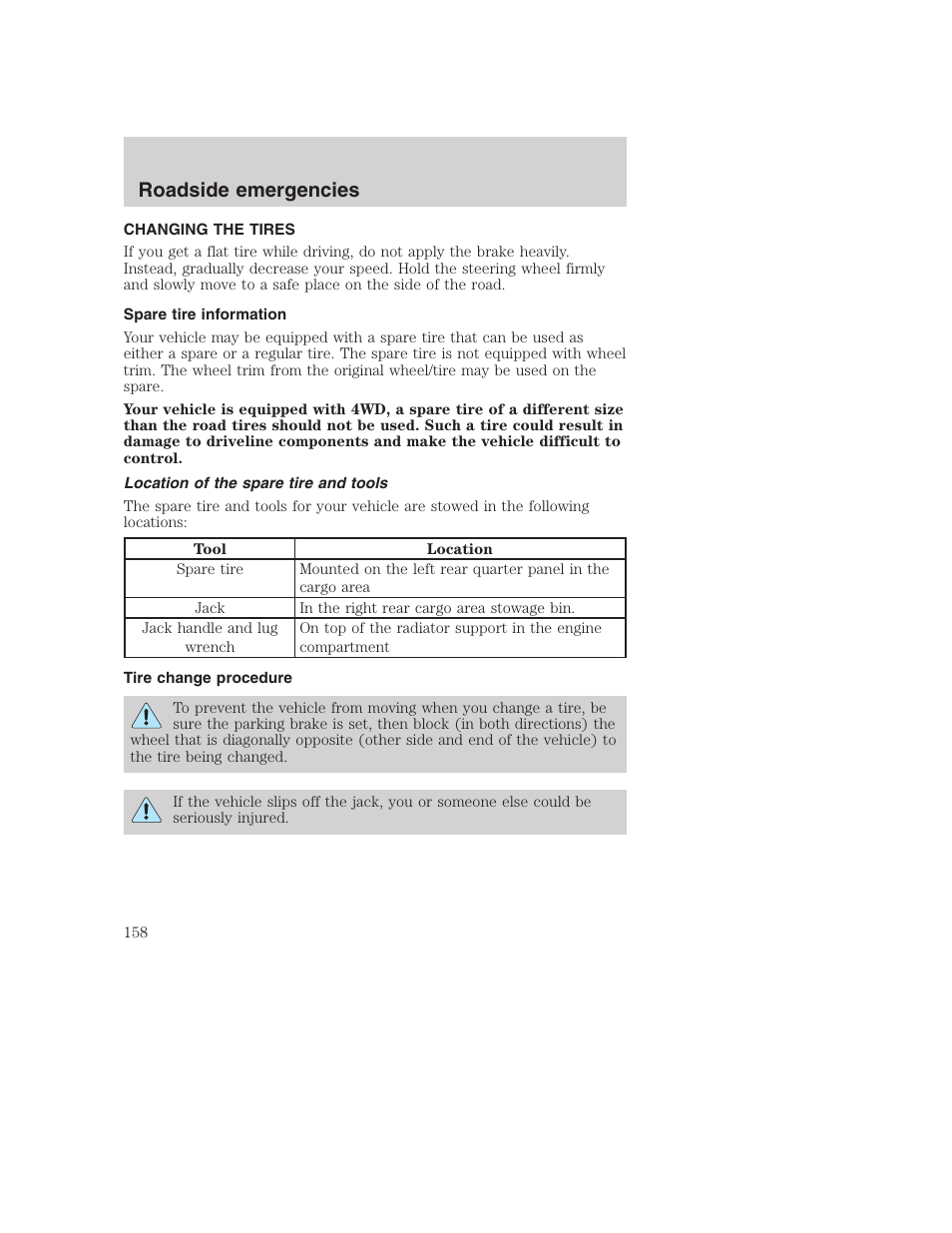 Roadside emergencies | FORD 2001 Excursion v.2 User Manual | Page 158 / 248