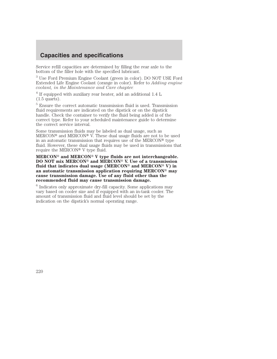 Capacities and specifications | FORD 2001 Excursion v.2 User Manual | Page 220 / 248