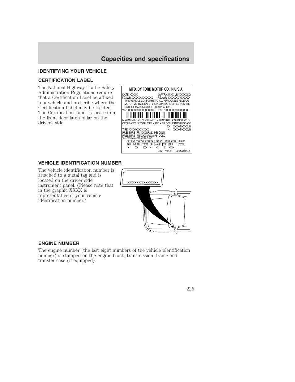 Capacities and specifications | FORD 2001 Excursion v.2 User Manual | Page 225 / 248