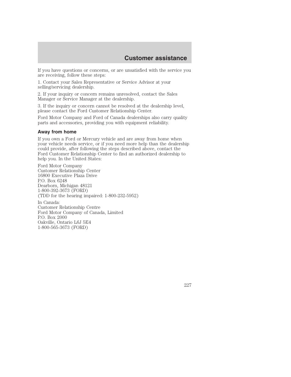 Customer assistance | FORD 2001 Excursion v.2 User Manual | Page 227 / 248