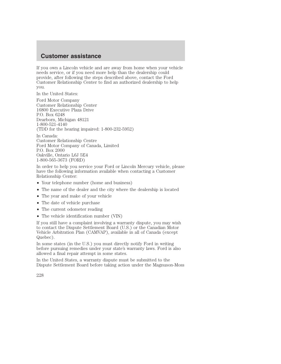 Customer assistance | FORD 2001 Excursion v.2 User Manual | Page 228 / 248