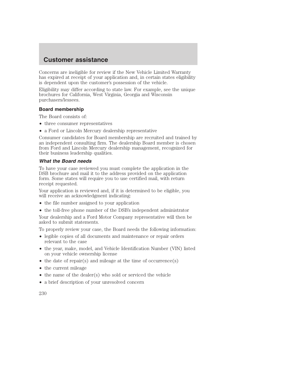 Customer assistance | FORD 2001 Excursion v.2 User Manual | Page 230 / 248