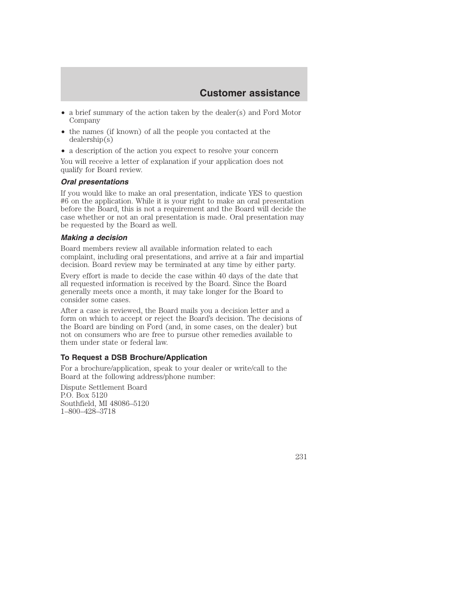 Customer assistance | FORD 2001 Excursion v.2 User Manual | Page 231 / 248