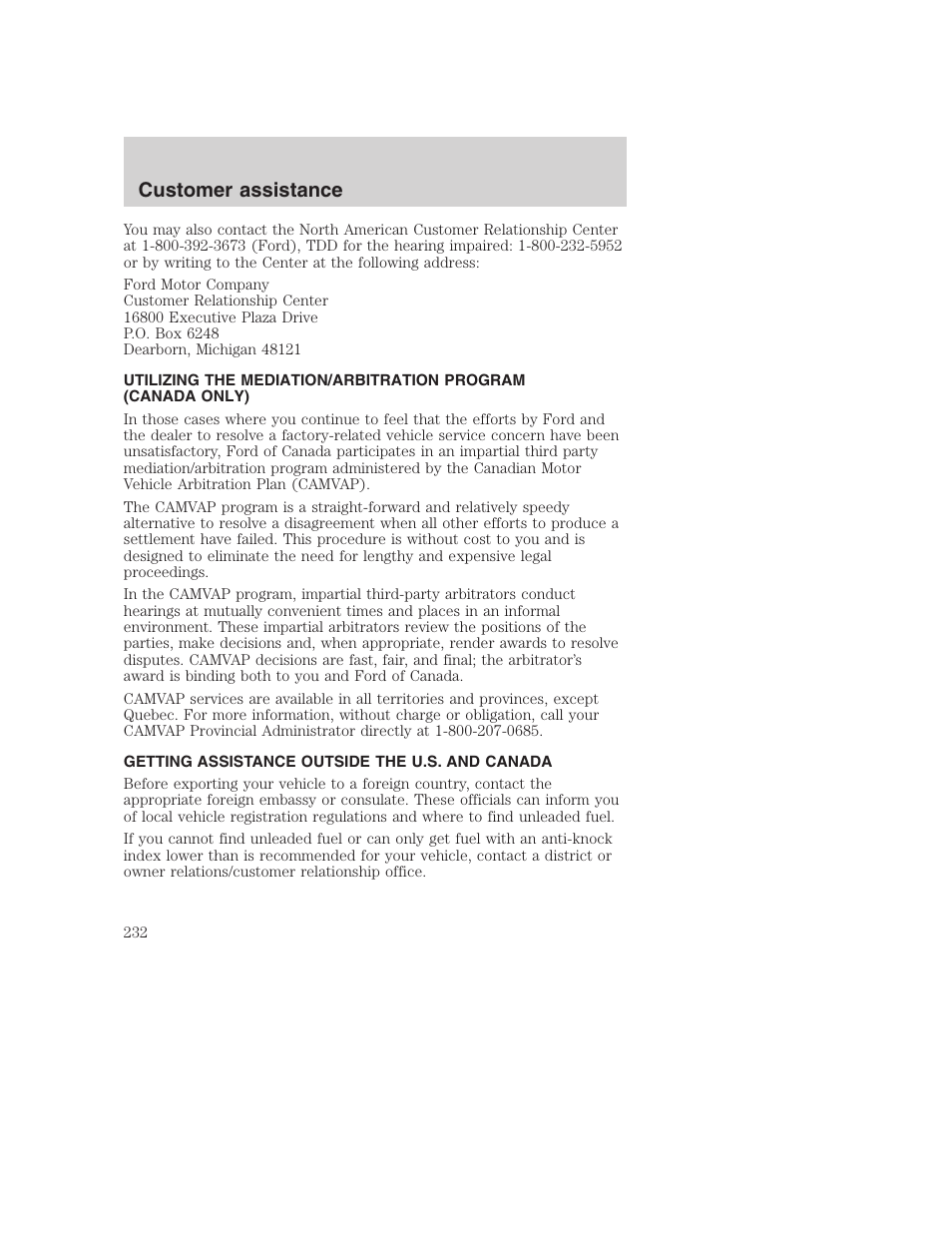 Customer assistance | FORD 2001 Excursion v.2 User Manual | Page 232 / 248