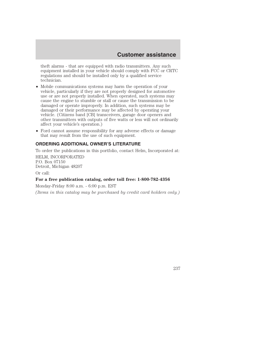 Customer assistance | FORD 2001 Excursion v.2 User Manual | Page 237 / 248