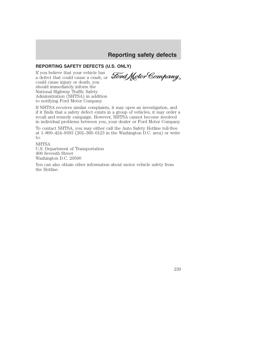 Reporting safety defects | FORD 2001 Excursion v.2 User Manual | Page 239 / 248