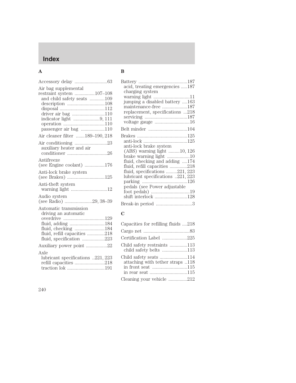 Index | FORD 2001 Excursion v.2 User Manual | Page 240 / 248