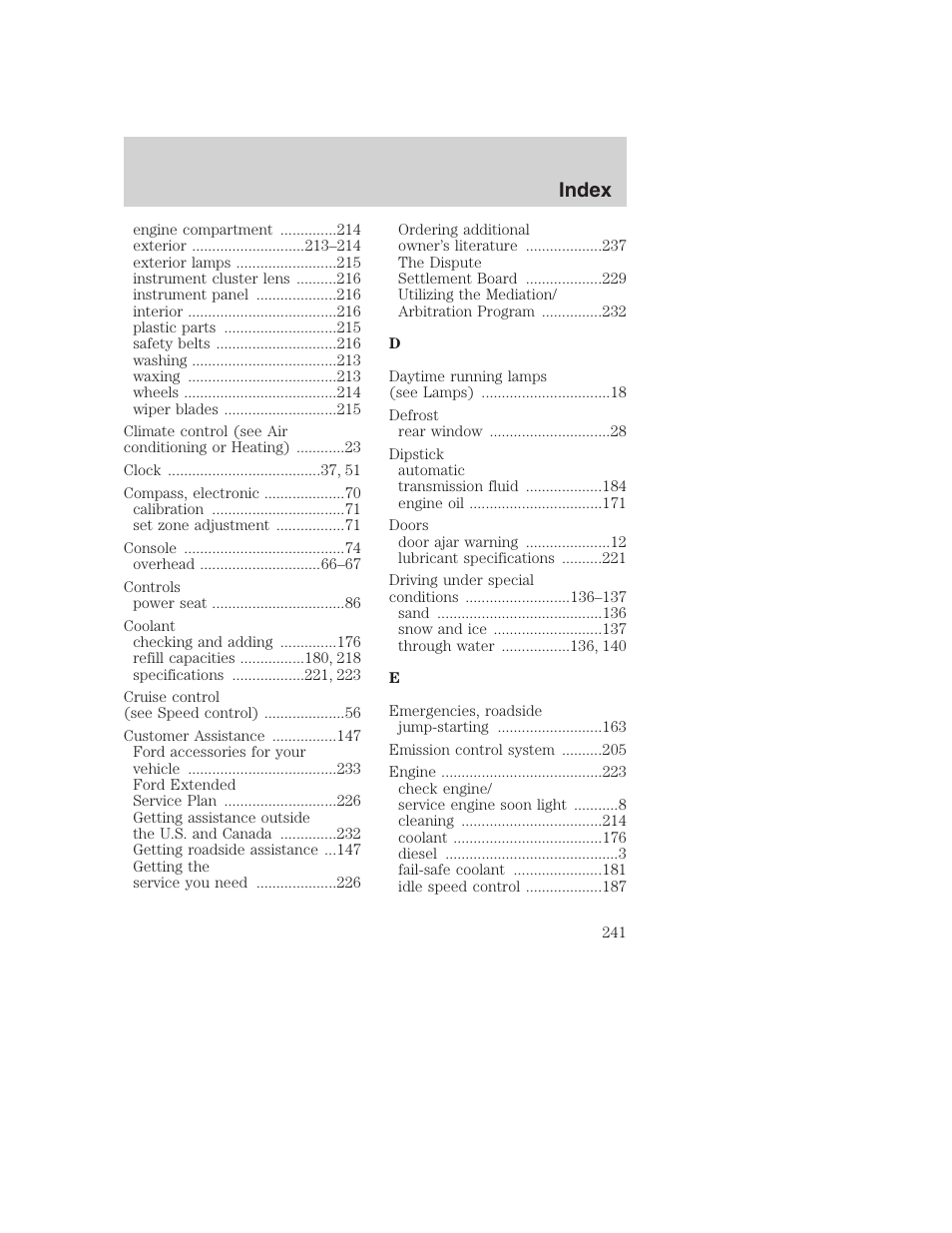 Index | FORD 2001 Excursion v.2 User Manual | Page 241 / 248