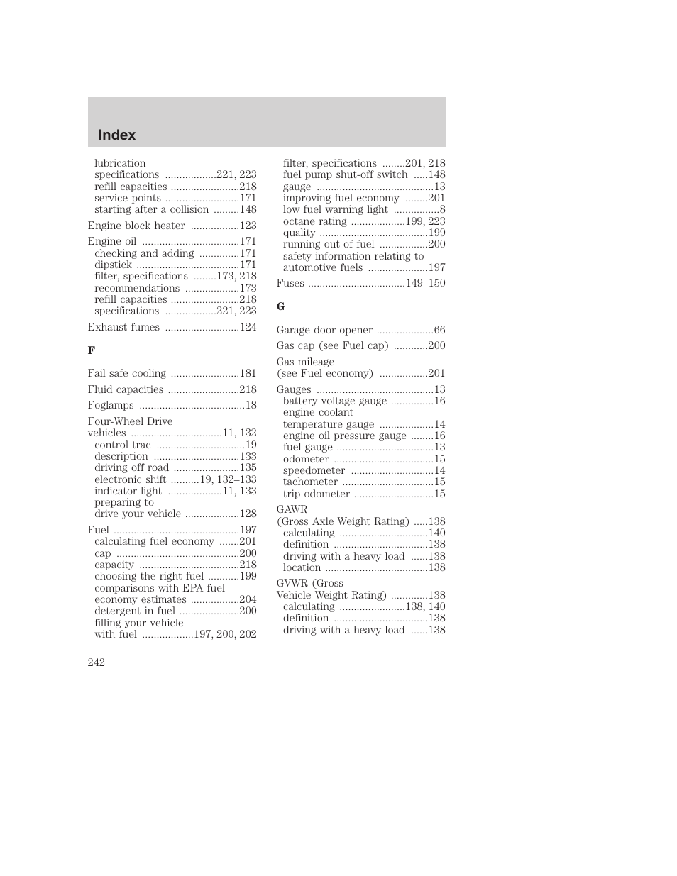 Index | FORD 2001 Excursion v.2 User Manual | Page 242 / 248