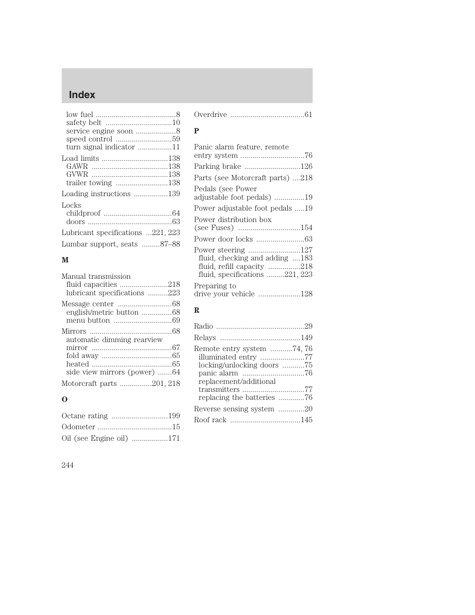 Index | FORD 2001 Excursion v.2 User Manual | Page 244 / 248