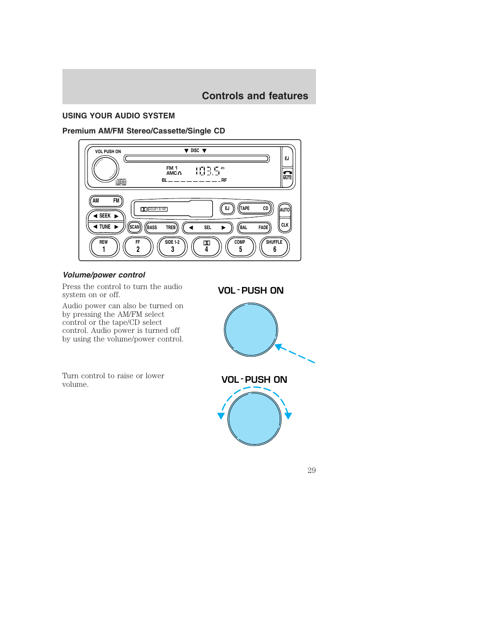 Controls and features, Vol - push on | FORD 2001 Excursion v.2 User Manual | Page 29 / 248