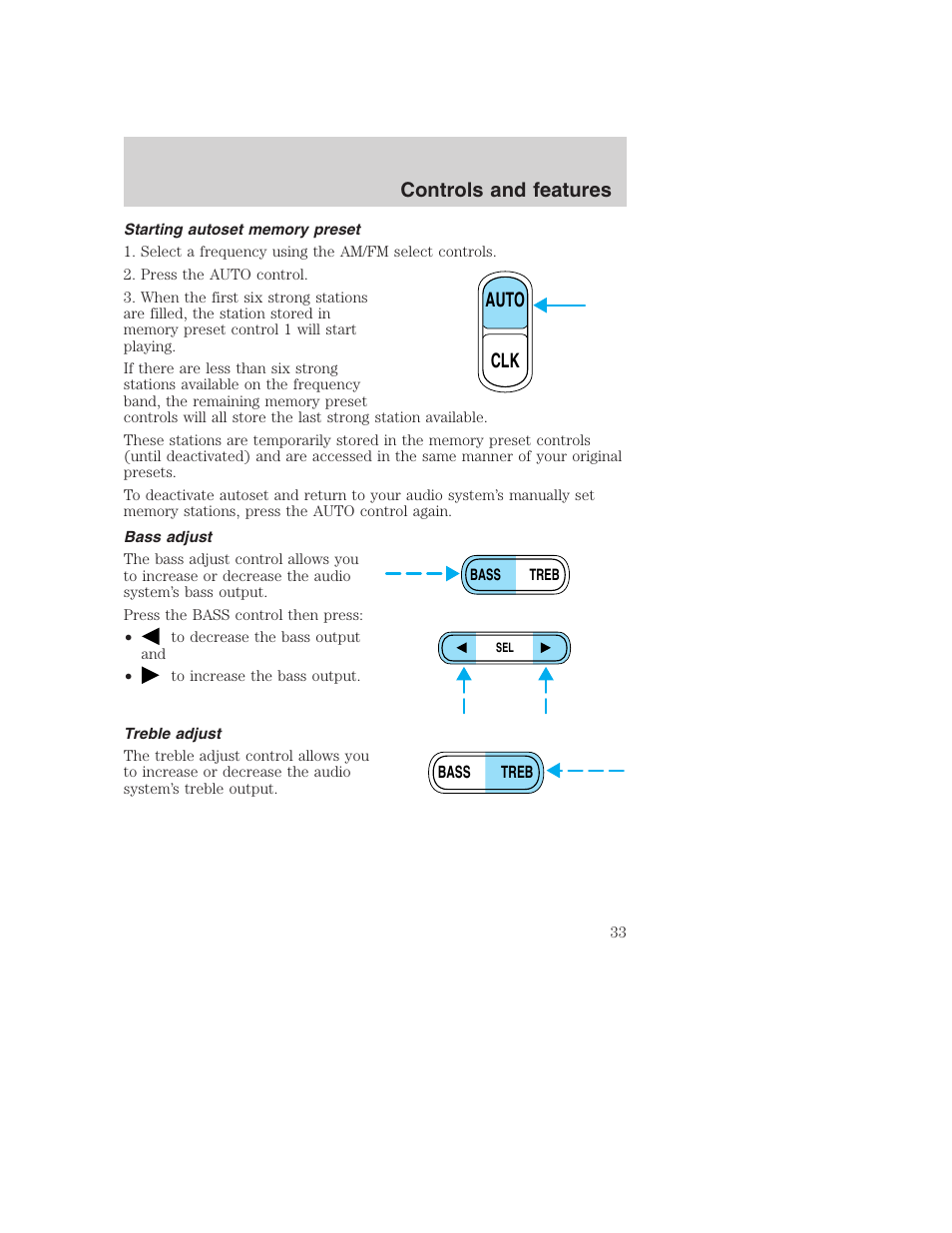 Auto clk, Controls and features | FORD 2001 Excursion v.2 User Manual | Page 33 / 248