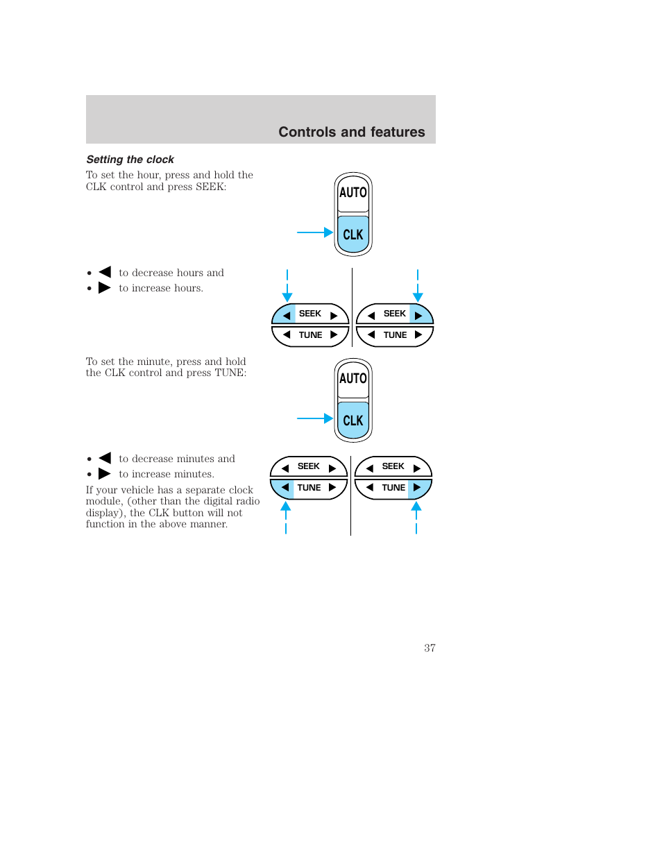 Auto clk, Controls and features | FORD 2001 Excursion v.2 User Manual | Page 37 / 248