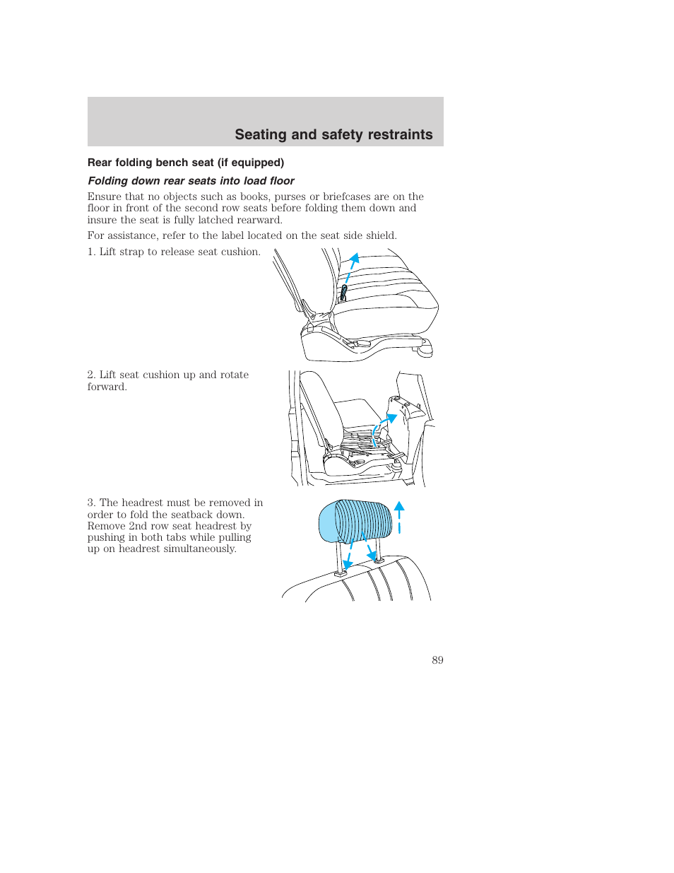 Seating and safety restraints | FORD 2001 Excursion v.2 User Manual | Page 89 / 248