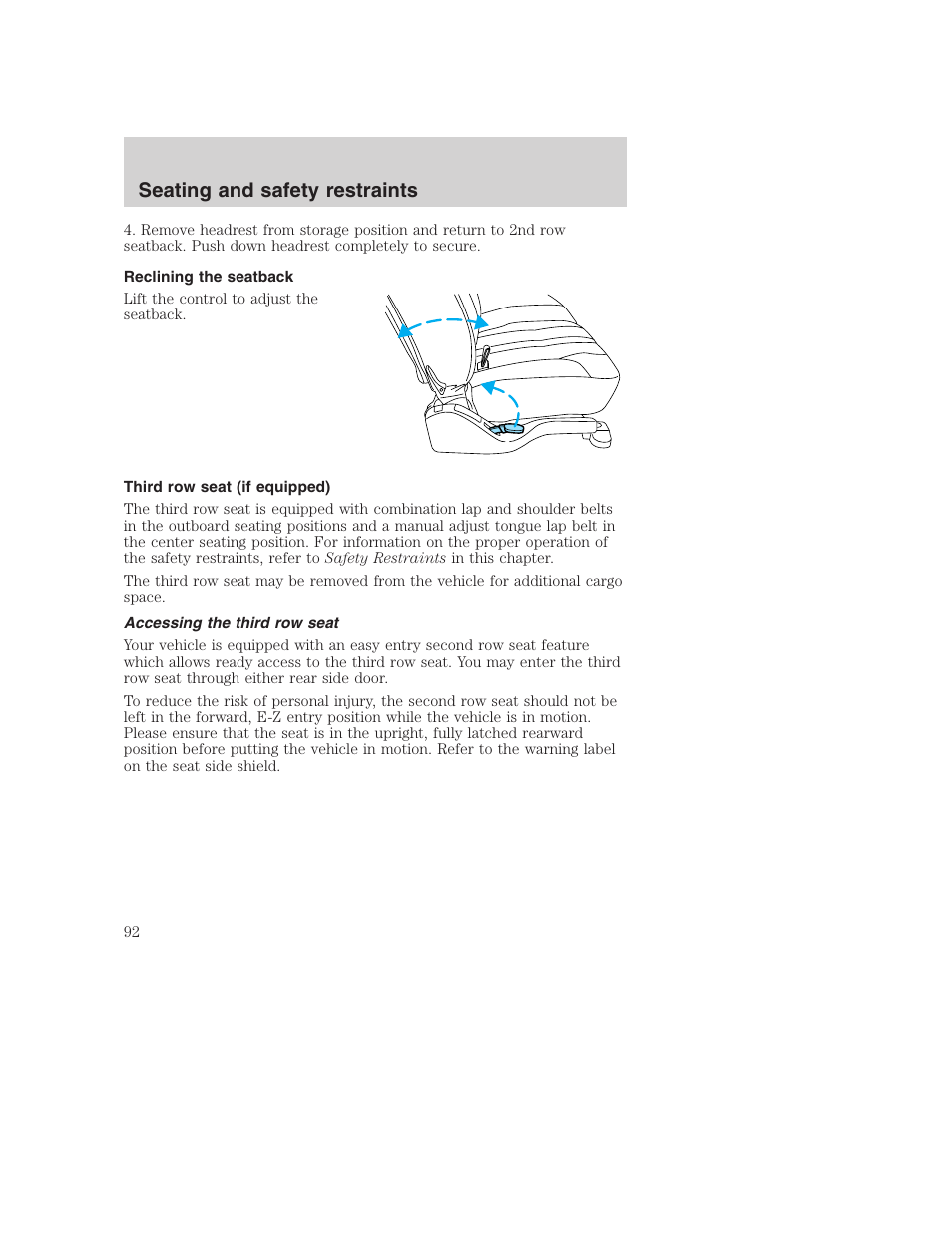 Seating and safety restraints | FORD 2001 Excursion v.2 User Manual | Page 92 / 248