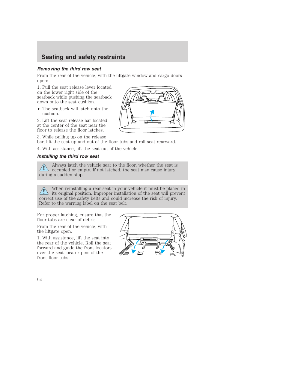 Seating and safety restraints | FORD 2001 Excursion v.2 User Manual | Page 94 / 248