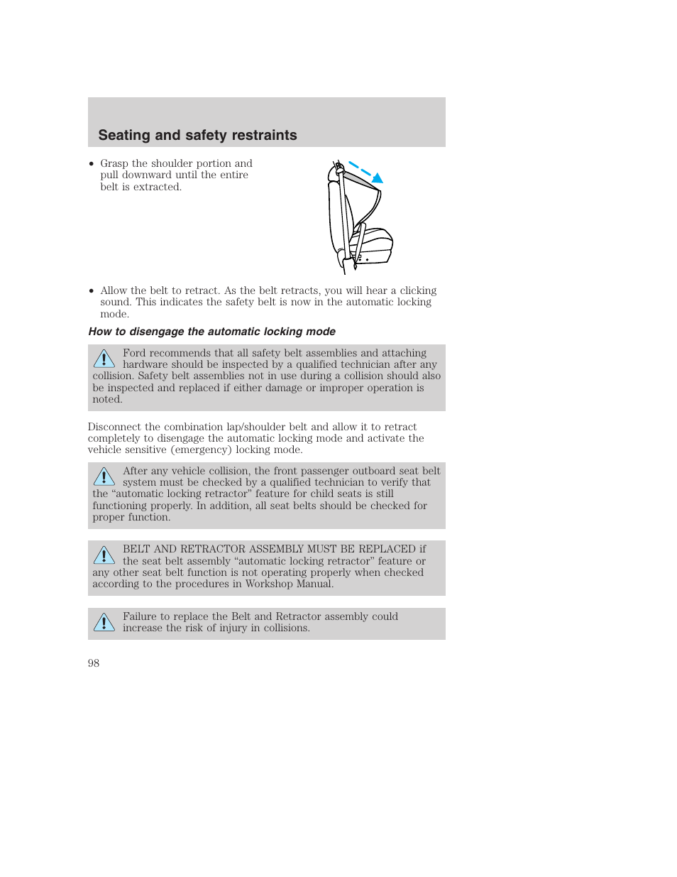Seating and safety restraints | FORD 2001 Excursion v.2 User Manual | Page 98 / 248