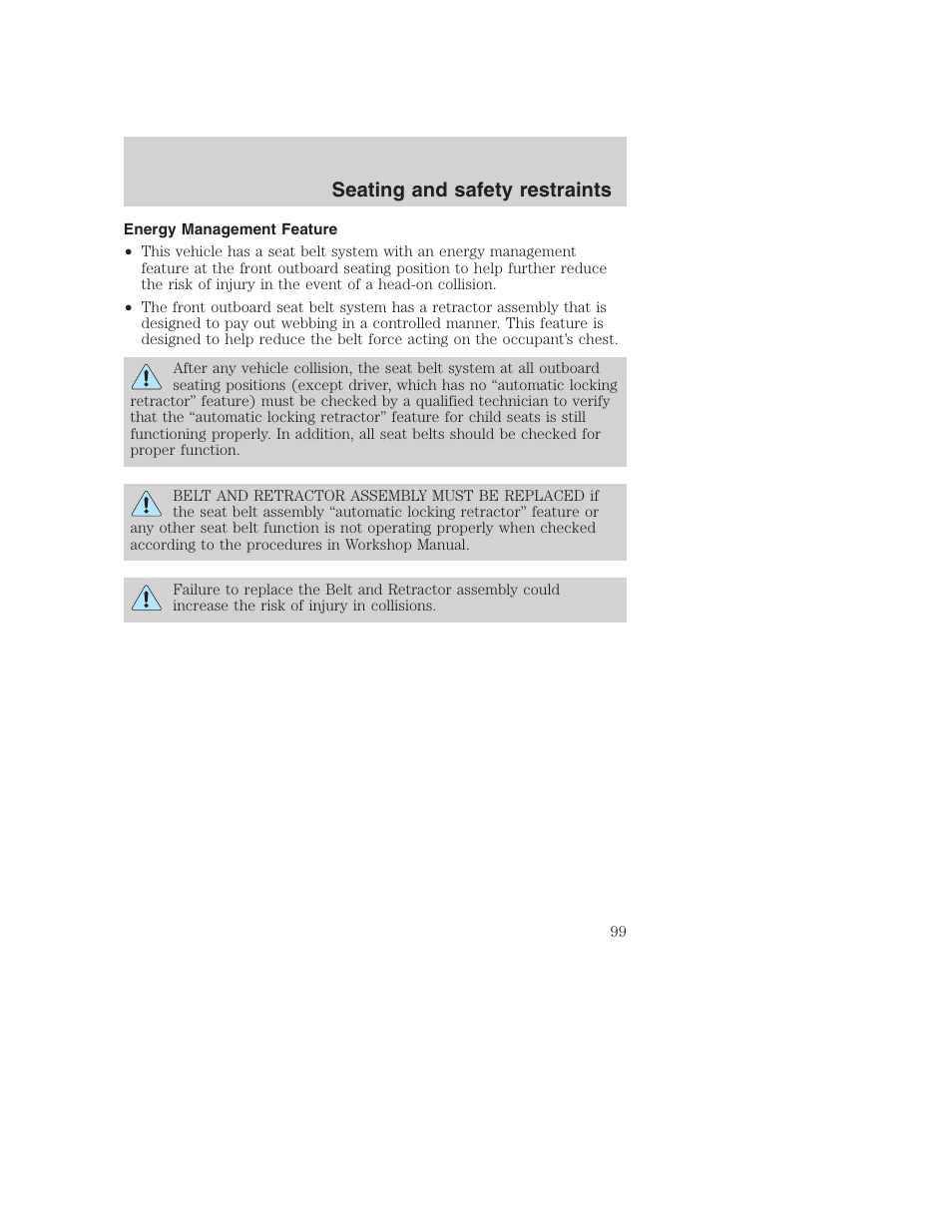 Seating and safety restraints | FORD 2001 Excursion v.2 User Manual | Page 99 / 248