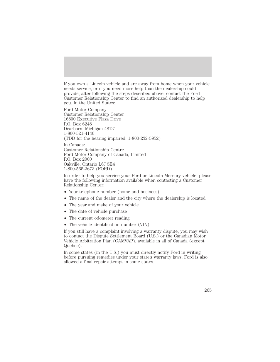 Customer assistance | FORD 2001 Explorer User Manual | Page 265 / 288