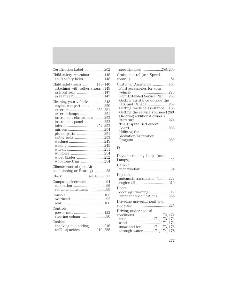 Index | FORD 2001 Explorer User Manual | Page 277 / 288