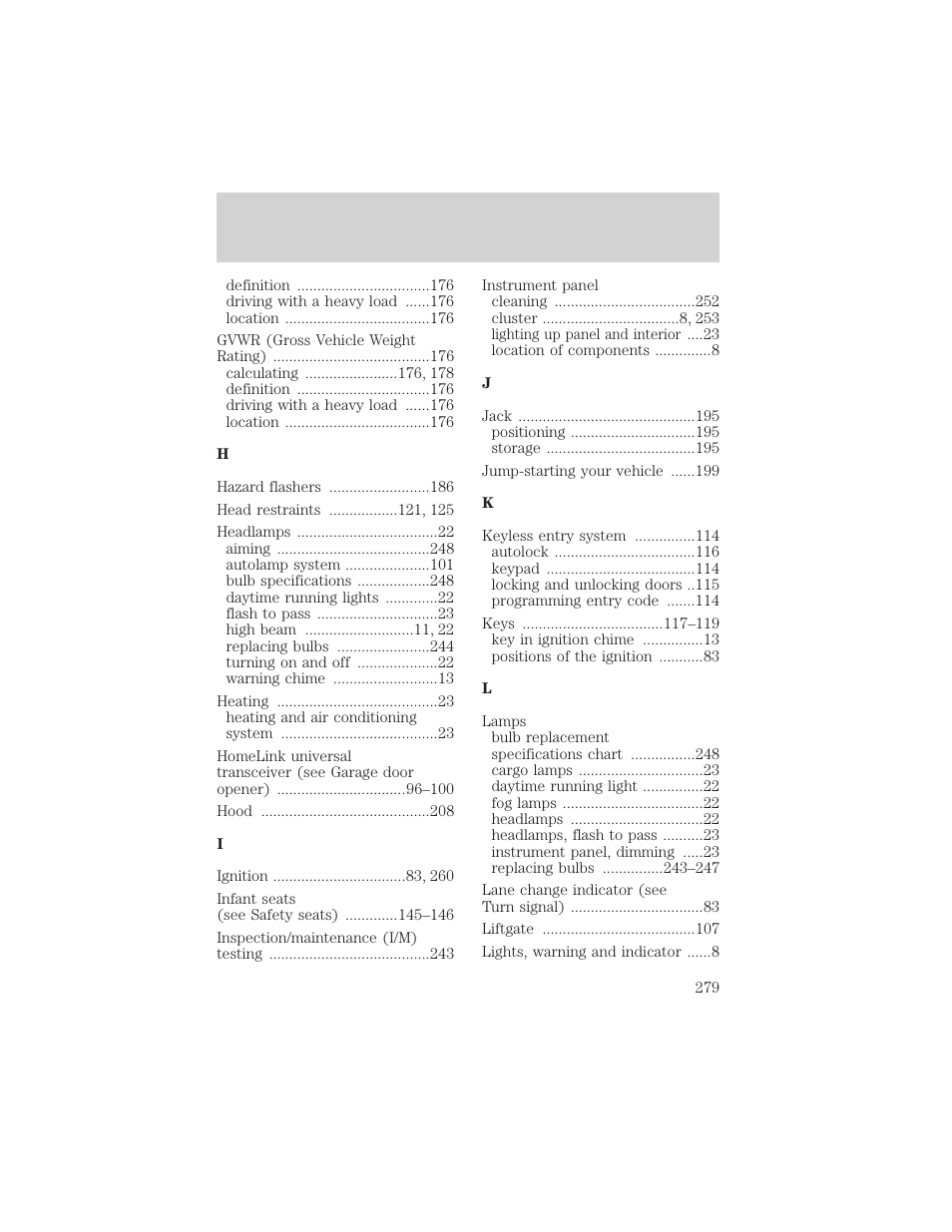 Index | FORD 2001 Explorer User Manual | Page 279 / 288