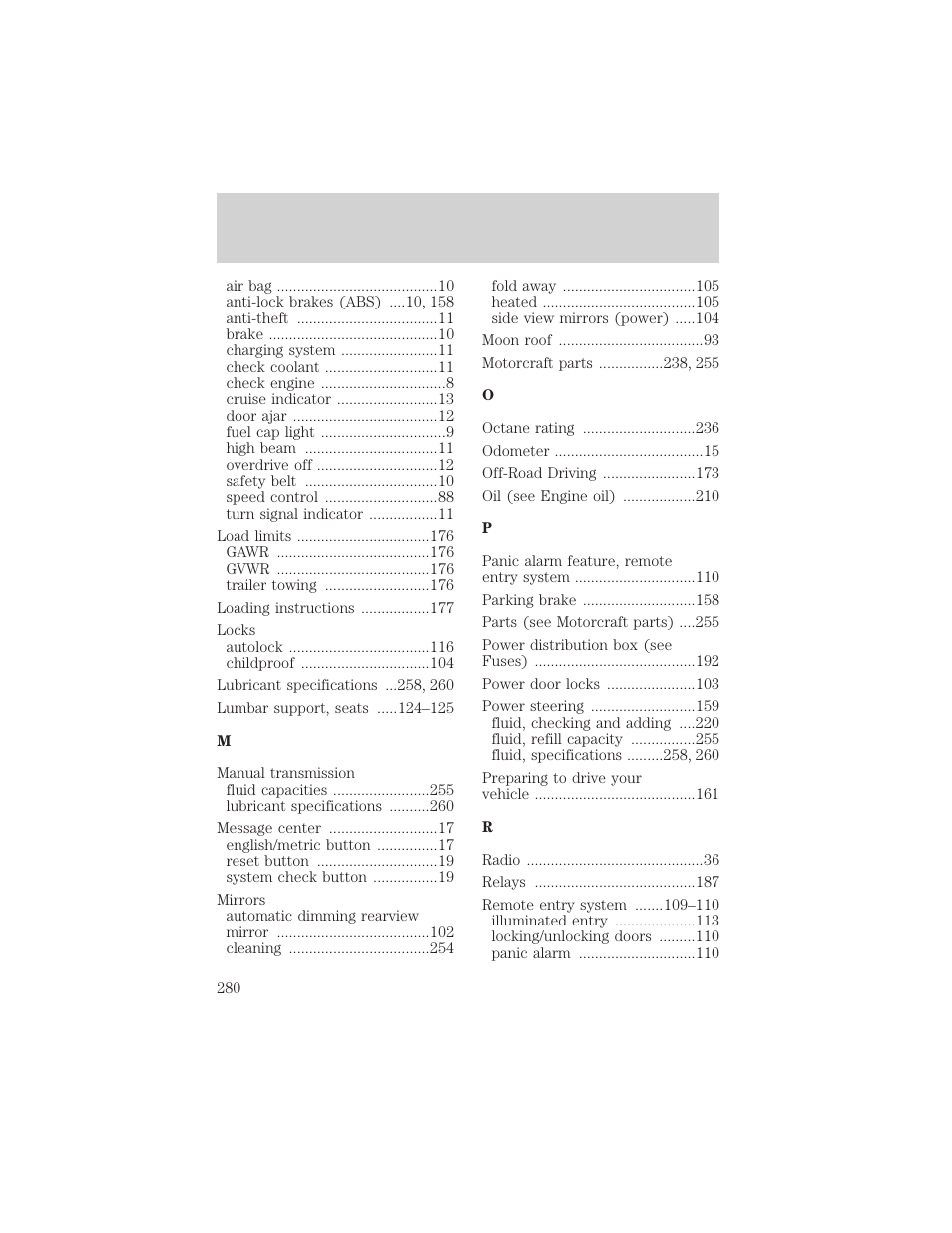 Index | FORD 2001 Explorer User Manual | Page 280 / 288