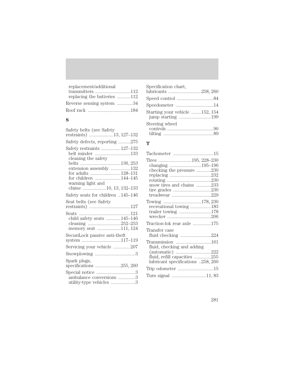 Index | FORD 2001 Explorer User Manual | Page 281 / 288